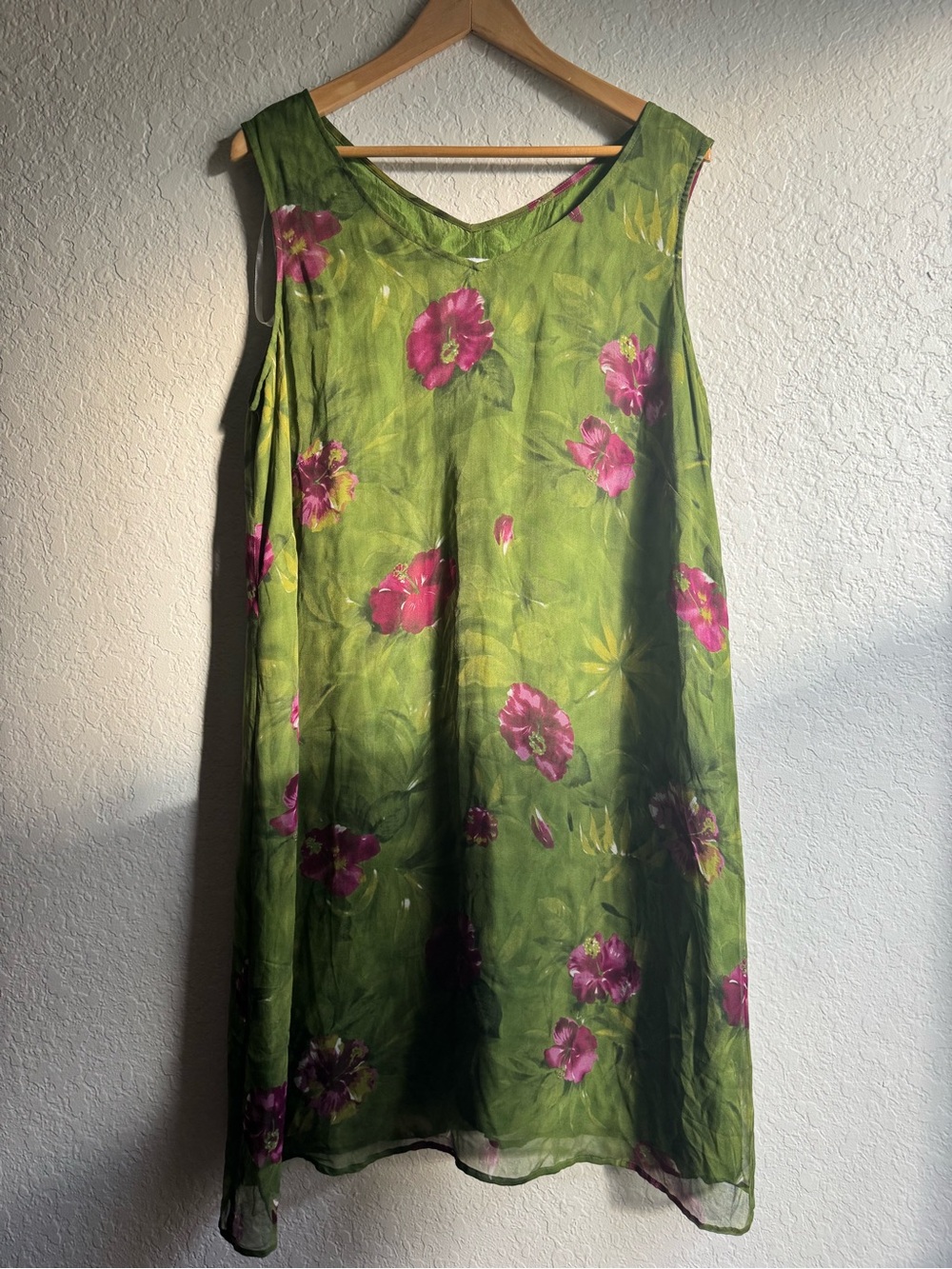 VNTG 100 Silk Robbie Bee Green Midi Dress with Pink Floral Print